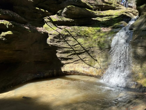 A serene waterfall cascades into a calm pool, surrounded by moss-covered rocks and dappled sunlight.