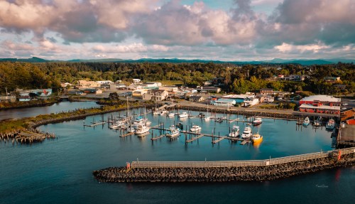 A scenic harbor with boats docked, surrounded by lush greenery and small buildings under a partly cloudy sky.