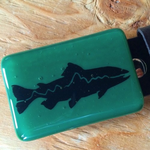 A green rectangular object with a black silhouette of a fish and a wavy line design on a wooden surface.
