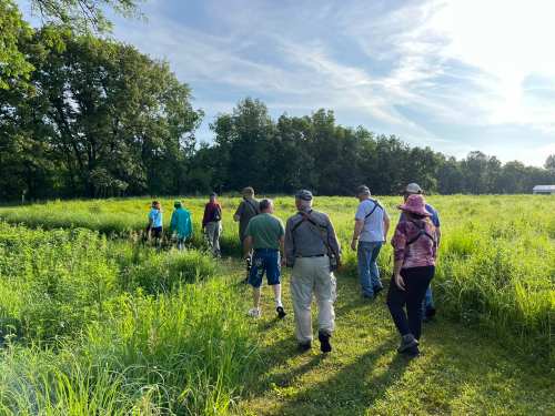 A group of people walking through a grassy field under a clear blue sky. Trees are visible in the background.