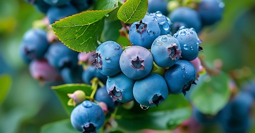 Bright blue berries on a leafy, green bush.