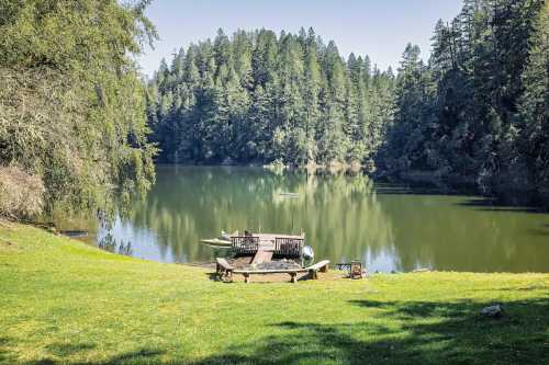 A serene lake surrounded by trees, with a wooden dock and benches on a grassy shore under a clear blue sky.