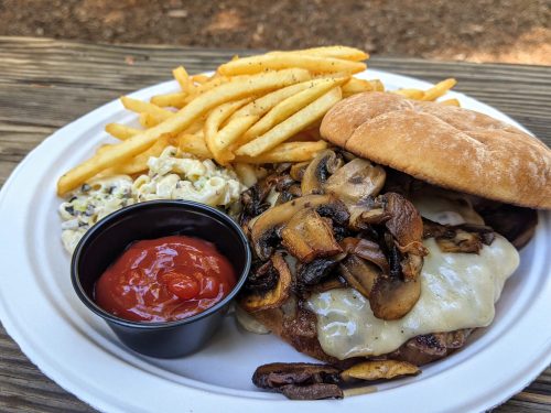 A plate with a sandwich topped with mushrooms and cheese, fries, and a side of pasta salad and ketchup.