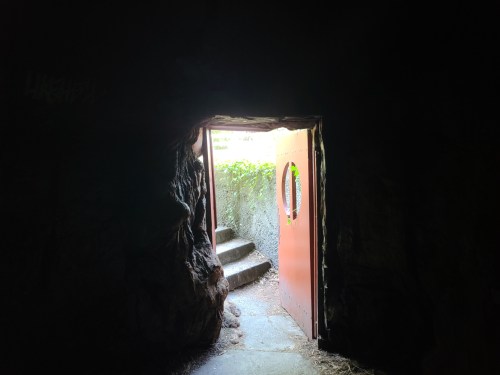A dark cave entrance with a bright orange door, leading to steps and greenery outside.
