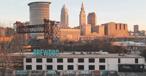 City skyline featuring tall buildings and a BrewDog location in the foreground, with graffiti on the walls.