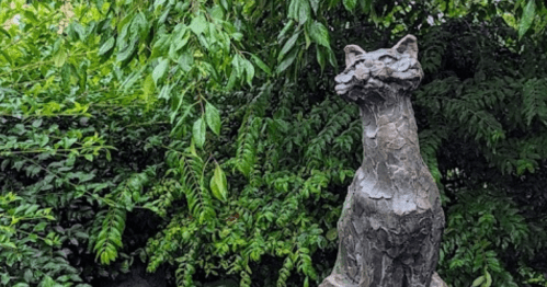 A bronze cat statue sits among lush green foliage, gazing upward.