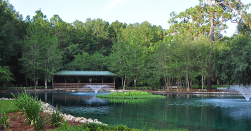 A serene park scene featuring a pond with fountains, surrounded by lush greenery and a gazebo in the background.