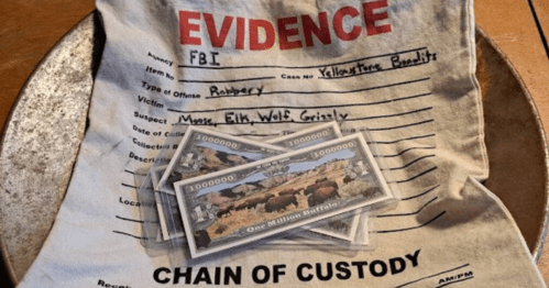 A cloth evidence bag labeled "FBI" with a robbery case, featuring fake money and a description of the incident.