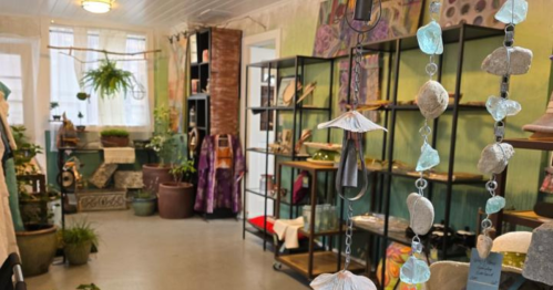 A cozy shop interior featuring plants, shelves with various items, and decorative hanging elements.