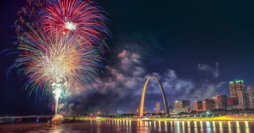 Colorful fireworks illuminate the night sky above the Gateway Arch and city skyline, reflecting on the water below.