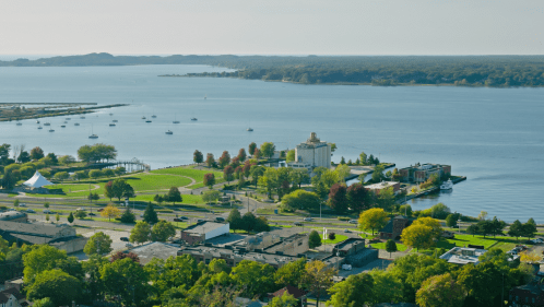 Aerial shot of Muskegon Lake in Muskegon County, Michigan, on a clear, sunny day