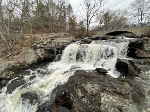 A waterfall cascades over rocky terrain, with a stone bridge in the background and trees lining the scene.