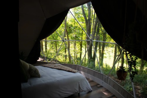 Cozy bedroom with a large window overlooking a lush green forest. Natural light floods the space.