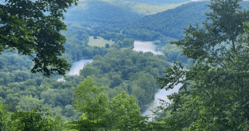 A scenic view of a winding river surrounded by lush green trees and rolling hills under a clear blue sky.