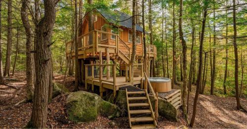A wooden treehouse on stilts surrounded by trees, with a hot tub and a staircase leading up to it.