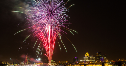 Colorful fireworks burst over a city skyline at night, illuminating the sky with vibrant hues.