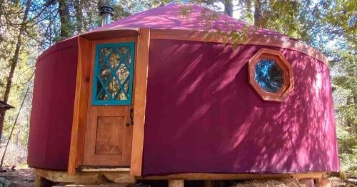 A purple yurt with a wooden door and octagonal window, surrounded by trees in a natural setting.