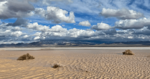 A vast desert landscape with rippled sand, sparse vegetation, and dramatic clouds above distant mountains.