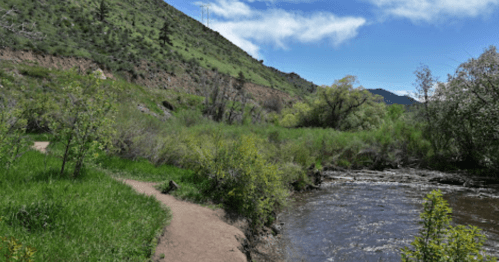 A scenic riverbank with a winding path, lush greenery, and mountains under a blue sky with scattered clouds.