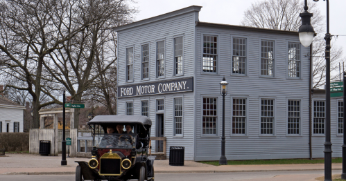 A Model T in Greenfield Village before the first old original rebuilt Ford Motor Company.