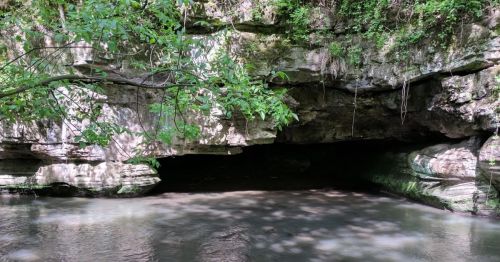 A serene cave entrance by a calm river, surrounded by lush greenery and dappled sunlight.