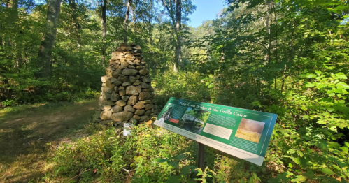 A stone cairn beside an informational sign in a lush, green forest setting.