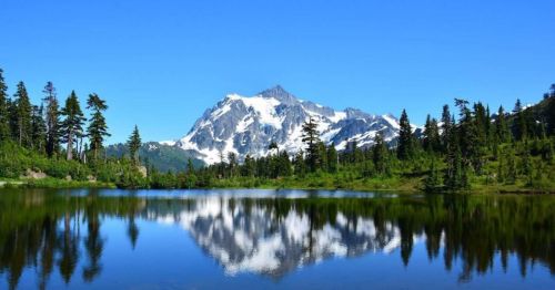 A serene mountain landscape with a clear blue sky, reflecting in a calm lake surrounded by lush green trees.