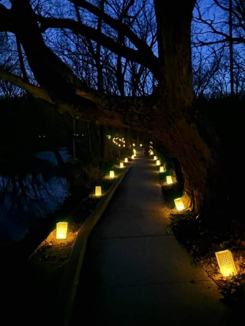 A dimly lit path lined with glowing lanterns, surrounded by trees and a calm waterway at dusk.