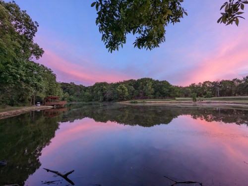 A serene pond at sunset, reflecting colorful skies and surrounded by lush greenery.