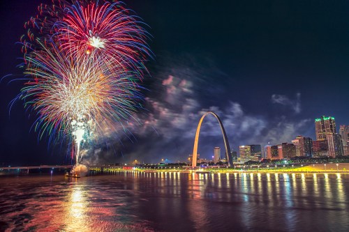 Colorful fireworks illuminate the night sky above the Gateway Arch and city skyline, reflecting on the water below.