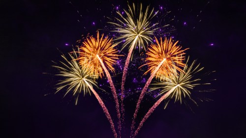 Colorful fireworks burst in the night sky, creating a vibrant display of gold and purple sparks.
