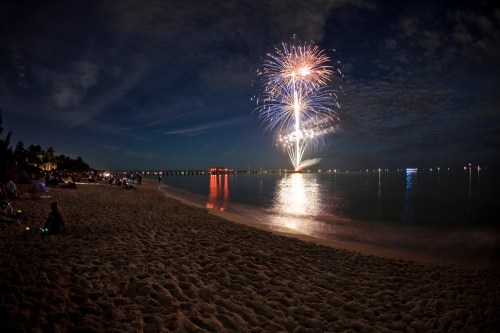 Colorful fireworks burst over a calm beach at night, reflecting on the water with spectators enjoying the view.