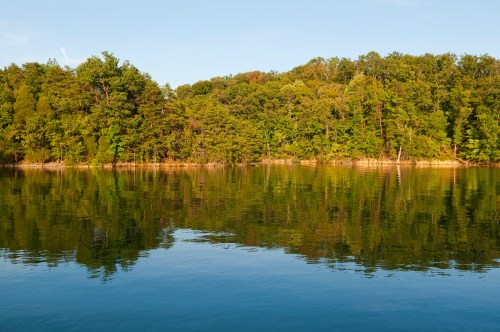 A serene lake reflecting a lush green forest under a clear blue sky.