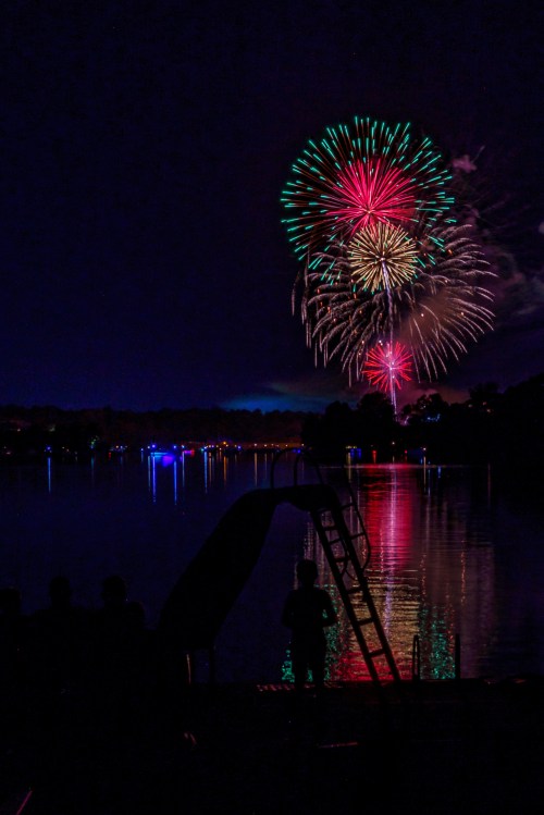 Colorful fireworks burst over a lake at night, reflecting on the water, with a silhouette of a person on a dock.
