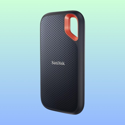 A black SanDisk external hard drive with a red accent, set against a gradient blue-green background.