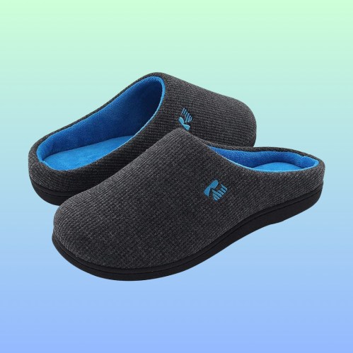 A pair of cozy gray slippers with blue insoles, set against a gradient background.