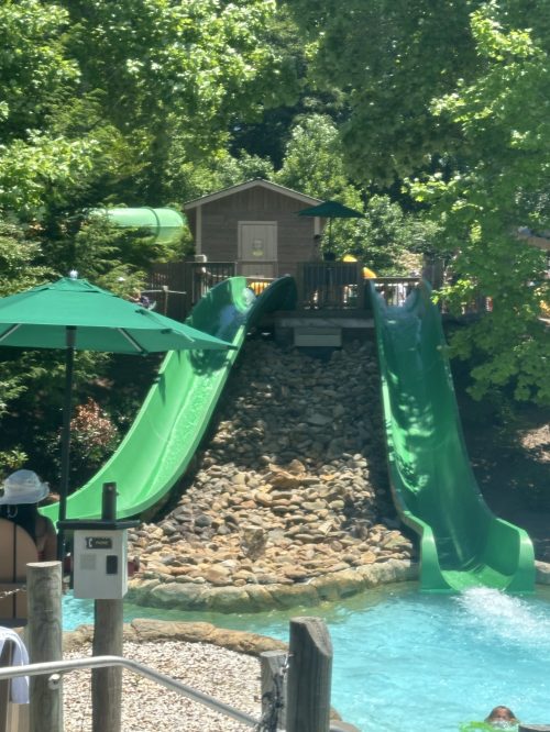 Two green water slides descend into a clear pool, surrounded by trees and a wooden structure in the background.