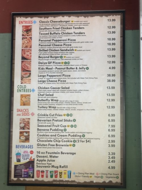 Menu featuring entrees, cold items, snacks, sides, and beverages with prices listed for each item.
