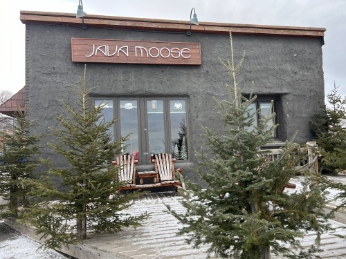 A cozy coffee shop named "Java Moose" with a rustic exterior and snow-dusted pine trees in front.
