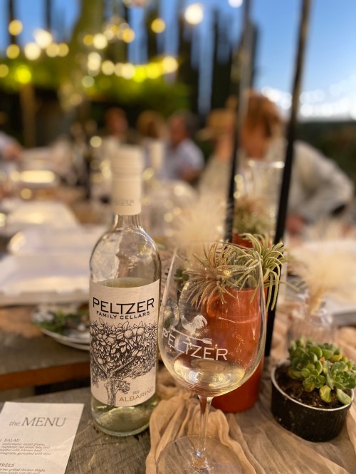 A bottle of Peltzer Albariño wine next to a glass, with a menu and plants on a beautifully set outdoor dining table.