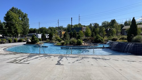A sunny outdoor pool area with curved edges, surrounded by greenery and a concrete deck.