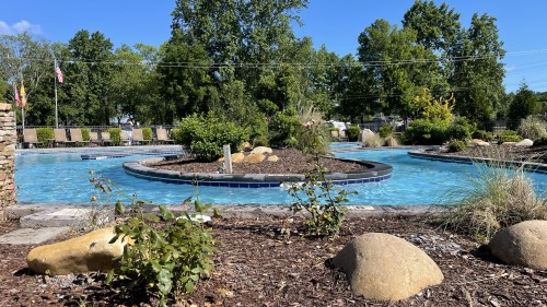 A serene pool area surrounded by greenery, rocks, and lounge chairs under a clear blue sky.