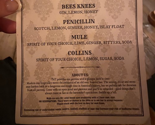 Menu featuring cocktails: Bees Knees, Penicillin, Mule, and Collins, with descriptions and a note on hospitality.