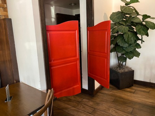 A pair of red double doors partially open in a modern interior with a potted plant nearby.