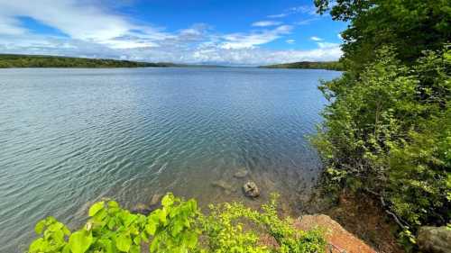 A serene lake surrounded by lush greenery under a bright blue sky with scattered clouds.