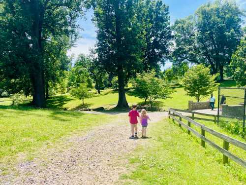 Two children walk hand in hand down a sunny path in a green park, surrounded by trees and grass.