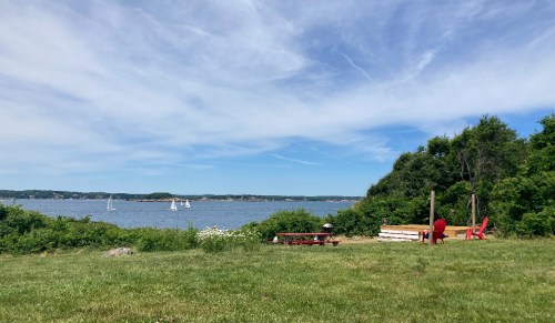 A serene waterfront scene with sailboats on the water, green grass, and a picnic area under a blue sky.