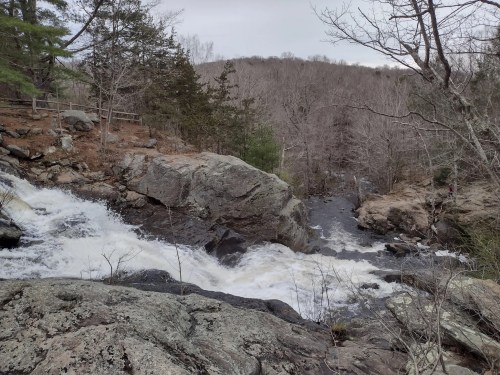 A rocky river landscape with rushing water, surrounded by trees and a hilly background under a cloudy sky.