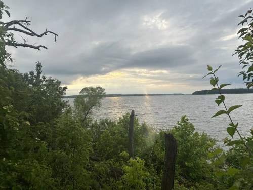 A serene view of a lake surrounded by greenery under a cloudy sky, with sunlight reflecting on the water.