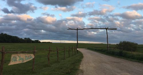 A rustic wooden entrance gate on a gravel road, surrounded by green fields and a cloudy sky.